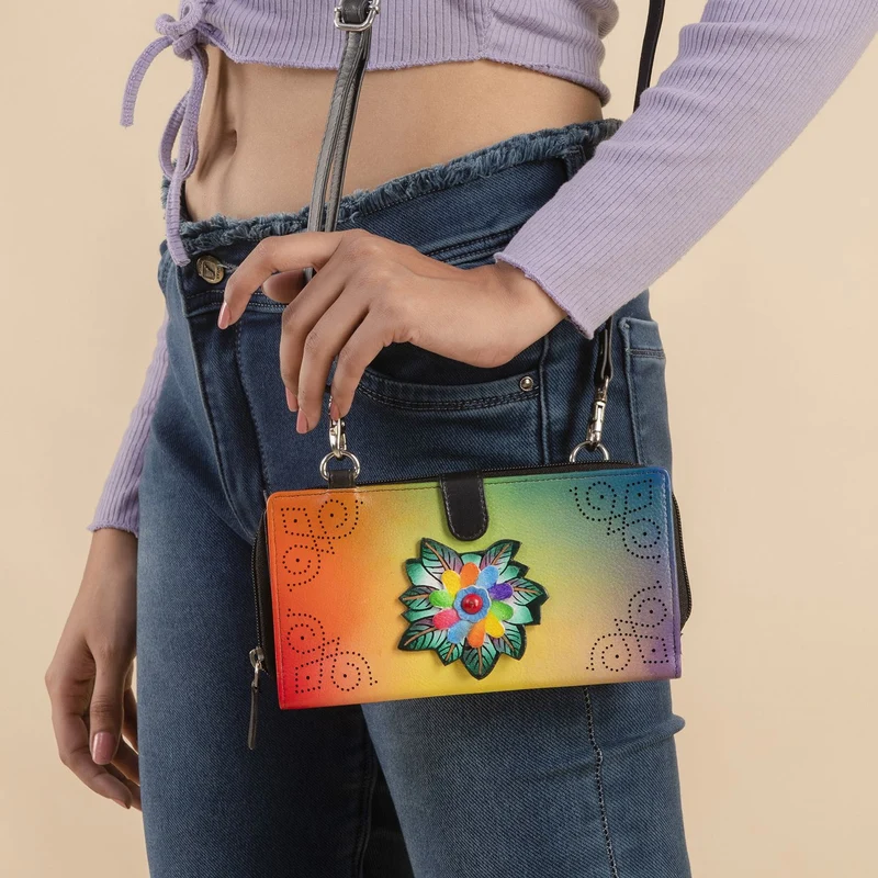 SUKRITI - 100% echter Leder: handbemalte 2-in-1 Brieftasche und adjustable Crossbody Elephant. Größe: 20 x 2.8 x 11 Blau