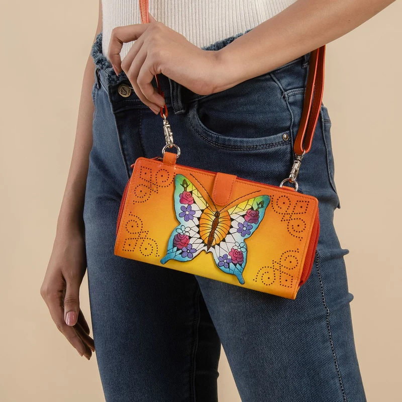 SUKRITI - 100% echter Leder: handbemalte 2-in-1 Brieftasche und adjustable Crossbody Elephant. Größe: 20 x 2.8 x 11 Blau