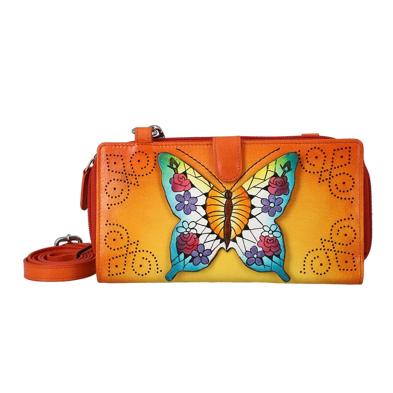 SUKRITI - 100% echter Leder: handbemalte 2-in-1 Brieftasche und adjustable Crossbody Elephant. Größe: 20 x 2.8 x 11 Blau