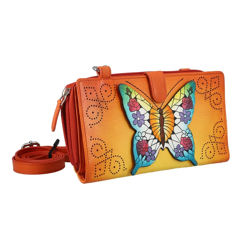 SUKRITI - 100% echter Leder: handbemalte 2-in-1 Brieftasche und adjustable Crossbody Elephant. Größe: 20 x 2.8 x 11 Blau