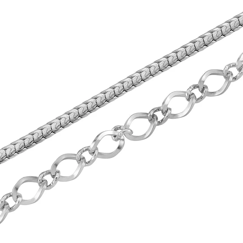 Gliederketten- und Herringbone-Design Halsketten-Set, Edelstahl, ca. 50 cm, silberfarben