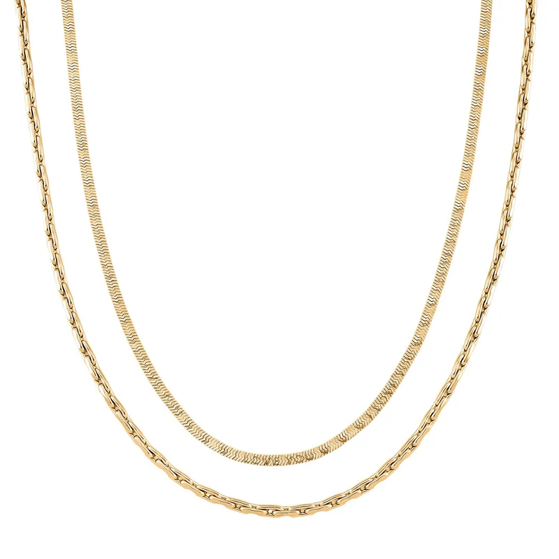 2er-Set Halsketten, Edelstahl, Goldfarben, Gliederkette und Schlangenketten-Optik, ca. 50 + 5 cm