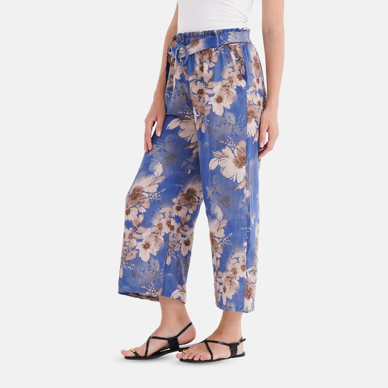 Weit geschnittene Hose mit Blumenprint, High-Waist-Design, elastischer Bund, mit Seitentaschen, elastisch und bequem, Einheitsgröße, Länge 99 cm, Beige