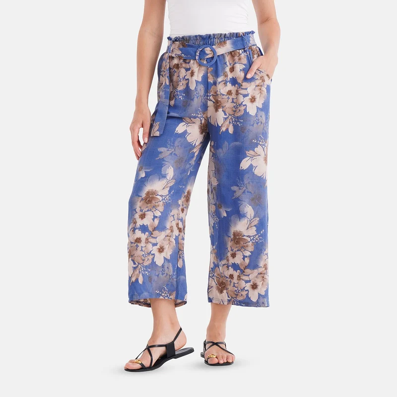 Weit geschnittene Hose mit Blumenprint, High-Waist-Design, elastischer Bund, mit Seitentaschen, elastisch und bequem, Einheitsgröße, Länge 99 cm, Beige