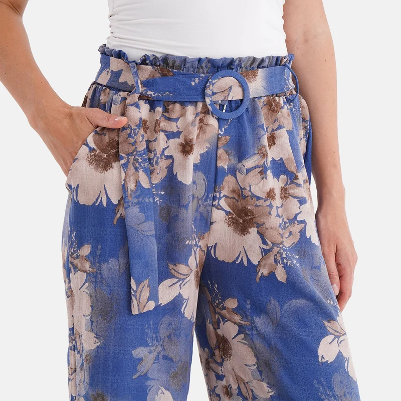 Weit geschnittene Hose mit Blumenprint, High-Waist-Design, elastischer Bund, mit Seitentaschen, elastisch und bequem, Einheitsgröße, Länge 99 cm, Beige