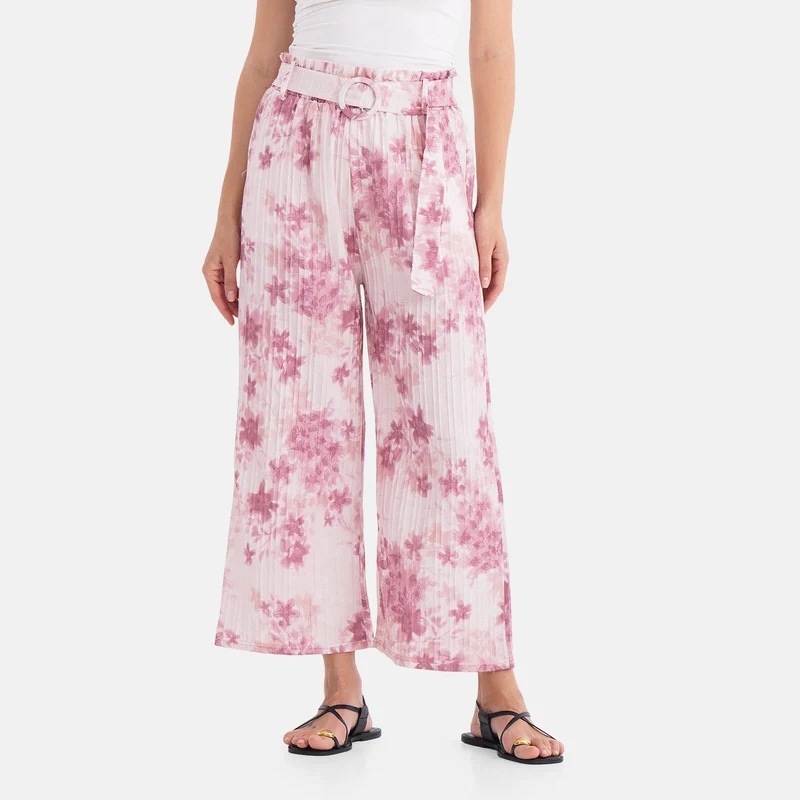 Weit geschnittene Hose mit Blumenprint, High-Waist-Design, elastischer Bund, mit Seitentaschen, elastisch und bequem, Einheitsgröße, Länge 99 cm, Beige