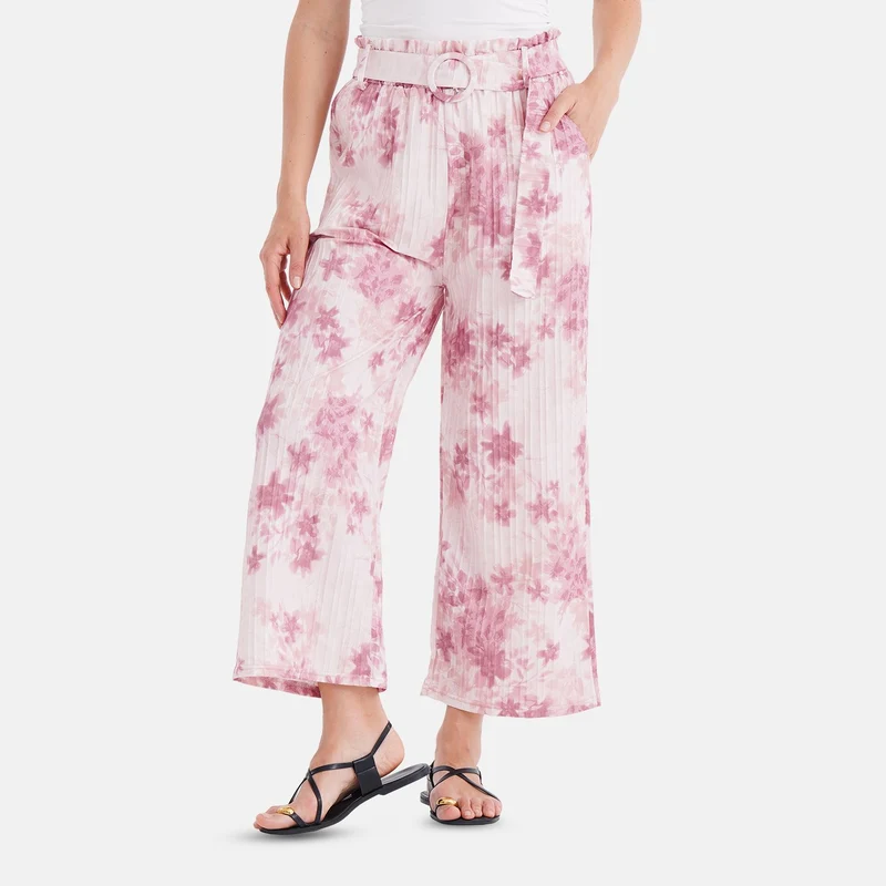 Weit geschnittene Hose mit Blumenprint, High-Waist-Design, elastischer Bund, mit Seitentaschen, elastisch und bequem, Einheitsgröße, Länge 99 cm, Beige