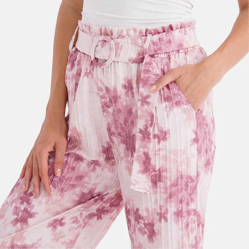 Weit geschnittene Hose mit Blumenprint, High-Waist-Design, elastischer Bund, mit Seitentaschen, elastisch und bequem, Einheitsgröße, Länge 99 cm, Beige