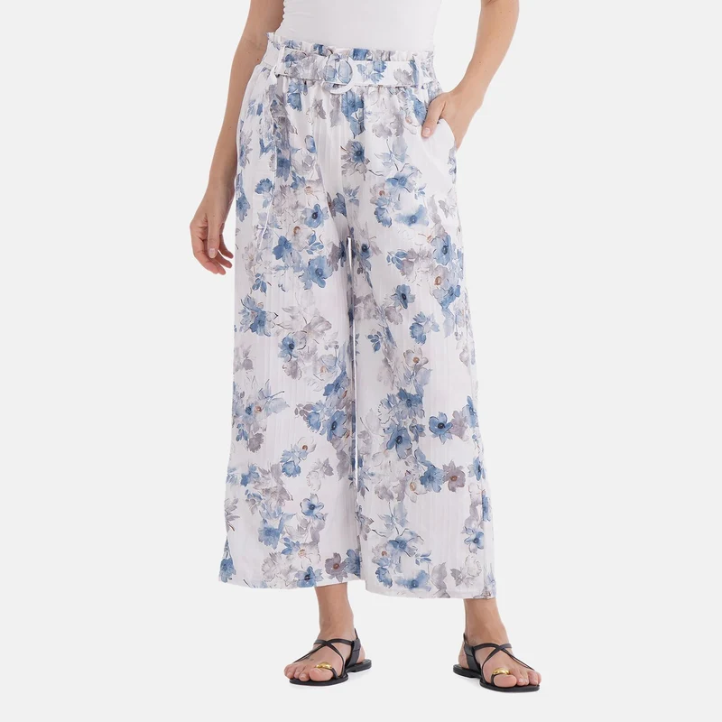 Weit geschnittene Hose mit Blumenprint, High-Waist-Design, elastischer Bund, mit Seitentaschen, elastisch und bequem, Einheitsgröße, Länge 99 cm, Beige
