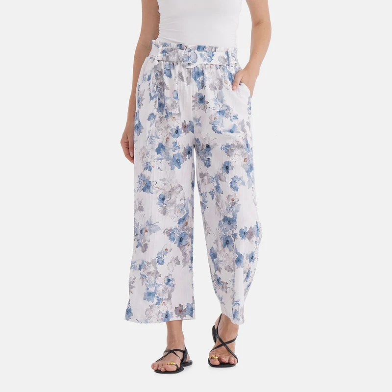 Weit geschnittene Hose mit Blumenprint, High-Waist-Design, elastischer Bund, mit Seitentaschen, elastisch und bequem, Einheitsgröße, Länge 99 cm, Beige