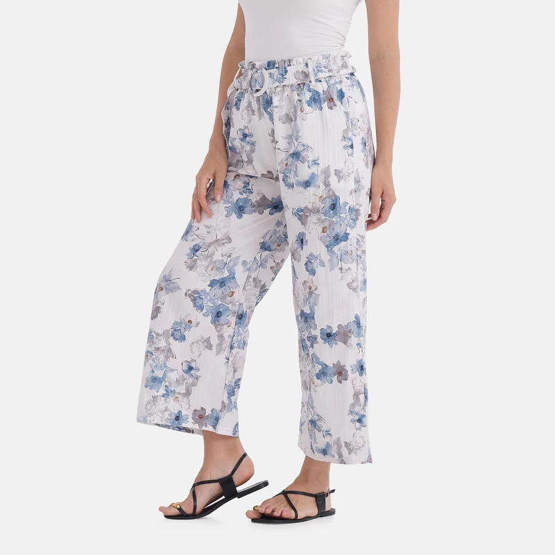Weit geschnittene Hose mit Blumenprint, High-Waist-Design, elastischer Bund, mit Seitentaschen, elastisch und bequem, Einheitsgröße, Länge 99 cm, Beige