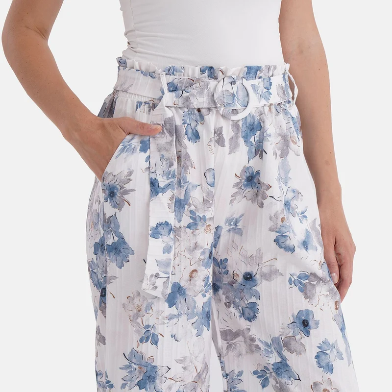 Weit geschnittene Hose mit Blumenprint, High-Waist-Design, elastischer Bund, mit Seitentaschen, elastisch und bequem, Einheitsgröße, Länge 99 cm, Beige