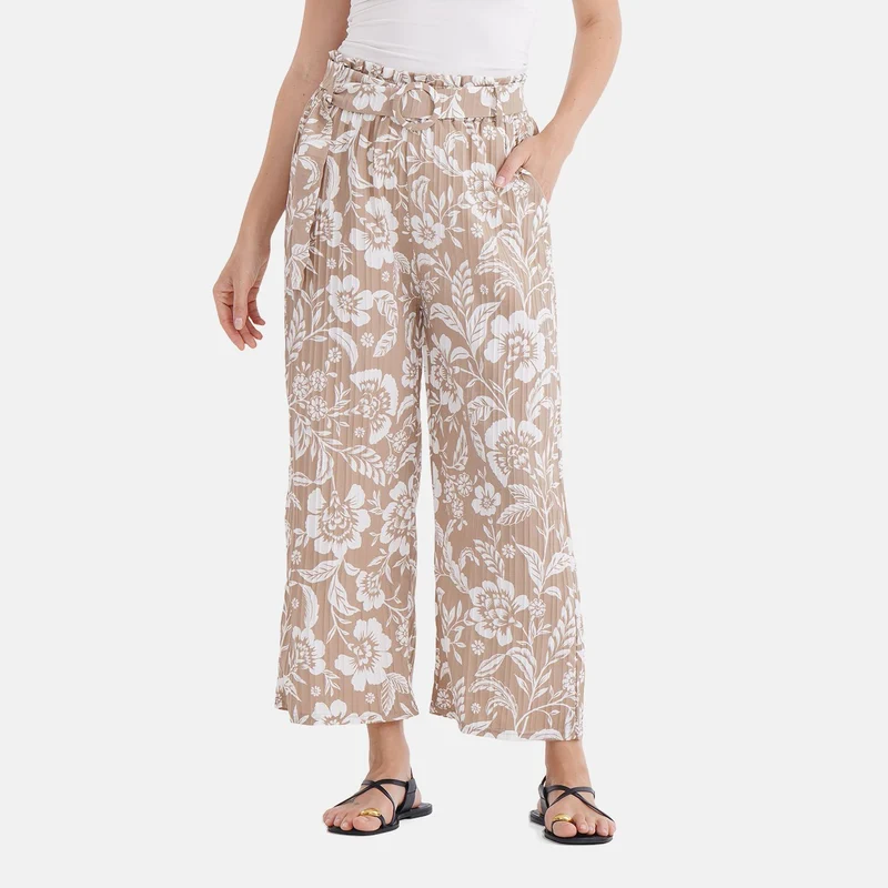 Weit geschnittene Hose mit Blumenprint, High-Waist-Design, elastischer Bund, mit Seitentaschen, elastisch und bequem, Einheitsgröße, Länge 99 cm, Beige