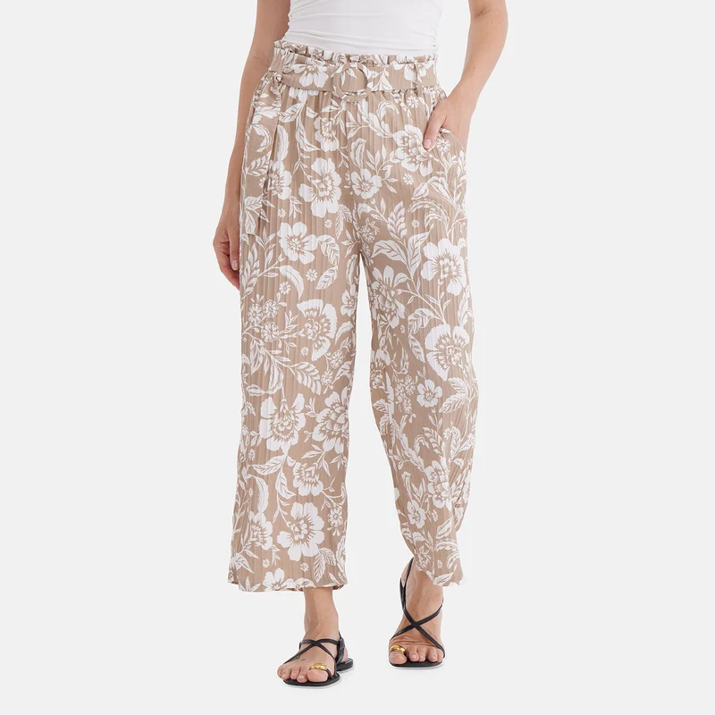 Weit geschnittene Hose mit Blumenprint, High-Waist-Design, elastischer Bund, mit Seitentaschen, elastisch und bequem, Einheitsgröße, Länge 99 cm, Beige