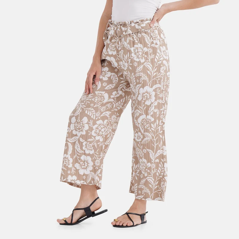 Weit geschnittene Hose mit Blumenprint, High-Waist-Design, elastischer Bund, mit Seitentaschen, elastisch und bequem, Einheitsgröße, Länge 99 cm, Beige