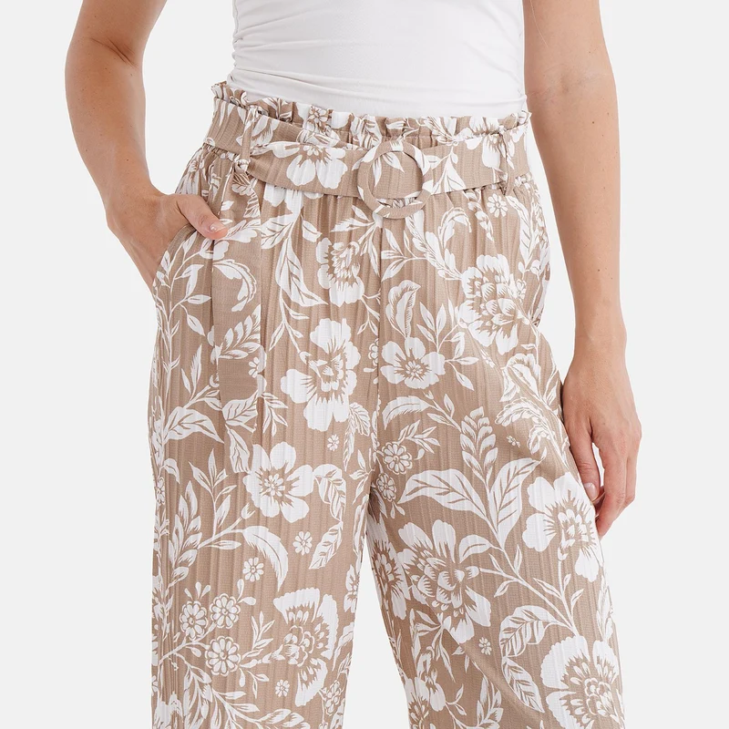 Weit geschnittene Hose mit Blumenprint, High-Waist-Design, elastischer Bund, mit Seitentaschen, elastisch und bequem, Einheitsgröße, Länge 99 cm, Beige