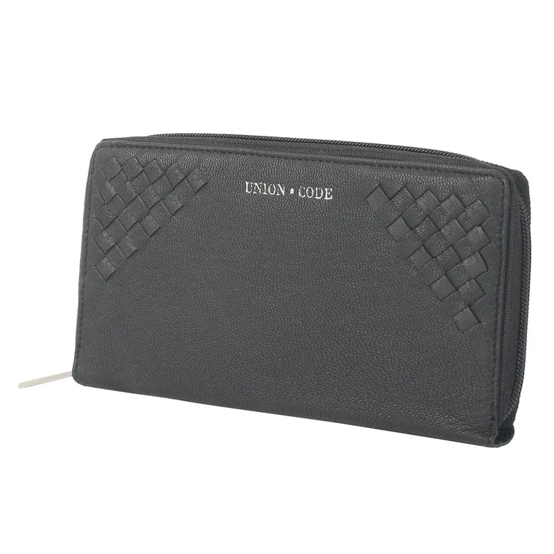 CLOSE OUT - UNION CODE: 100% Echtleder Brieftasche mit Krokoprägung und RFID schutz, 19x12 cm, schwarz