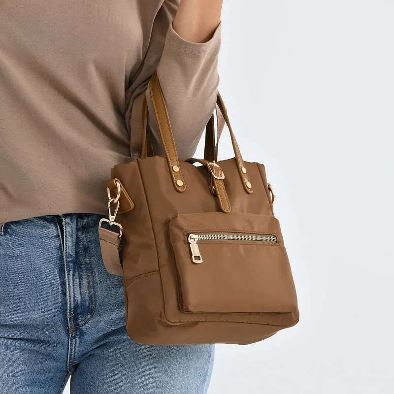 Urban Nylon Crossbody Tasche, 3 Außenfächer und 2 Innenfächer, 22 x 23 x 9 cm, Braun