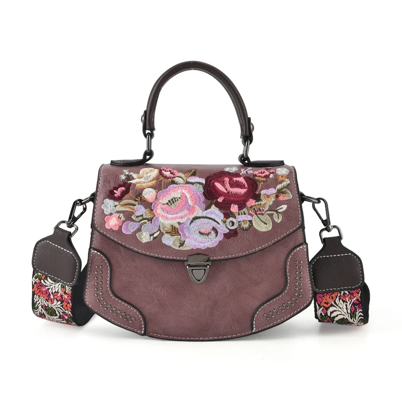 Kompakte Crossbody-Tasche mit floraler Stickerei, 23 x 9 x 17 cm, Lila
