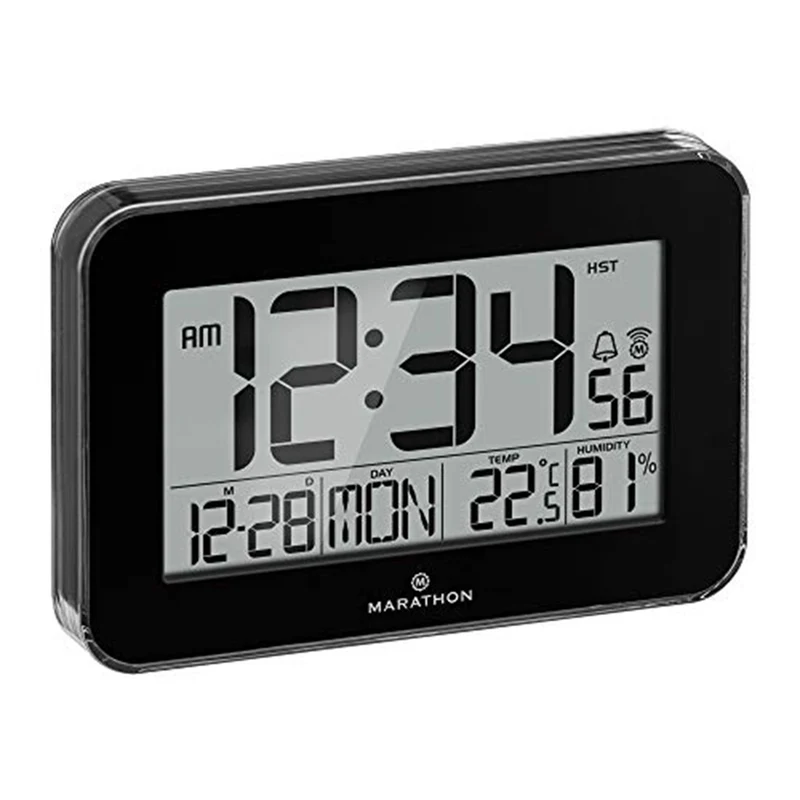 CLOSE OUT DEAL MARATHON Designer Atom-Wanduhr mit Temperatur, Luftfeuchtigkeitsanzeige, Kalender, Alarm und Schlummerfunktion, Weiß