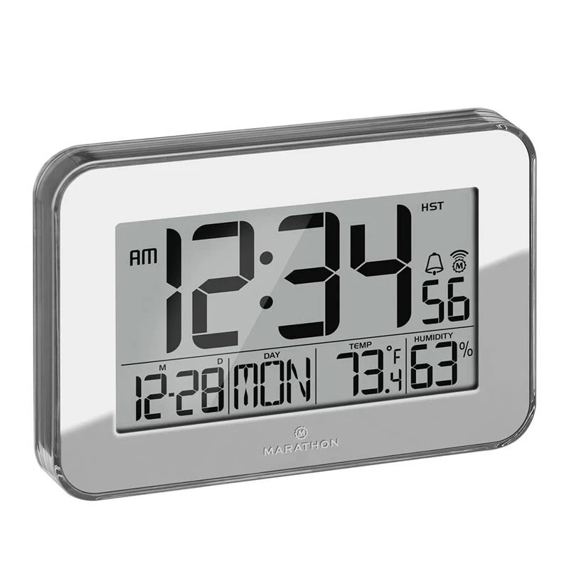 CLOSE OUT DEAL MARATHON Designer Atom-Wanduhr mit Temperatur, Luftfeuchtigkeitsanzeige, Kalender, Alarm und Schlummerfunktion, Weiß