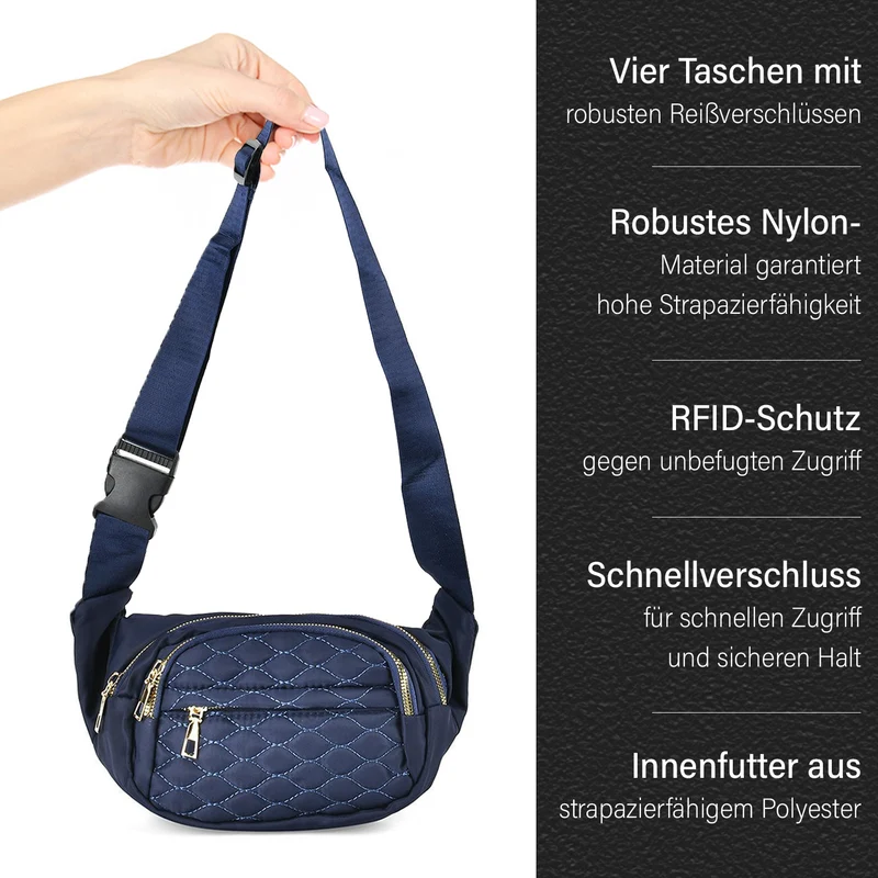Multifunktionale RFID-geschützte Nylon Gürteltasche mit Schnellverschluss, 36x4x13cm, Rosa