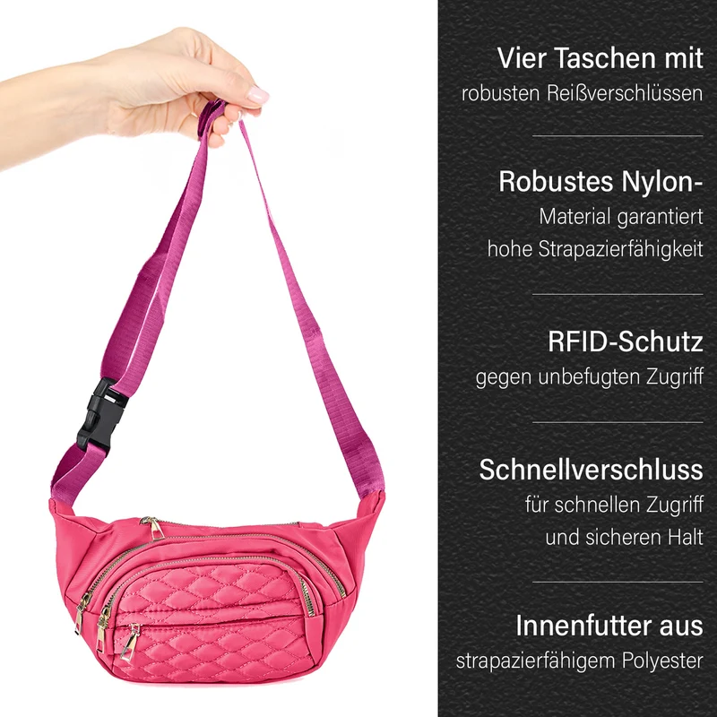 Multifunktionale RFID-geschützte Nylon Gürteltasche mit Schnellverschluss, 36x4x13cm, Rosa