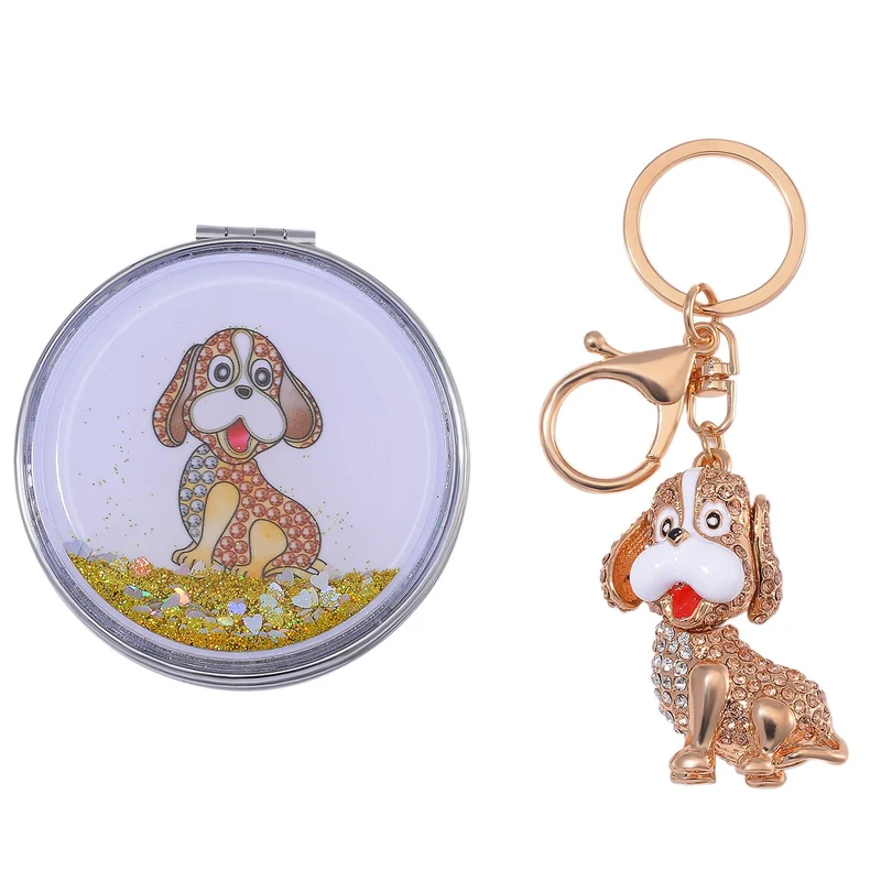 2er-Set aus Hunde-Schlüsselanhänger und Taschenspiegel, Kristallbesatz, Emaille