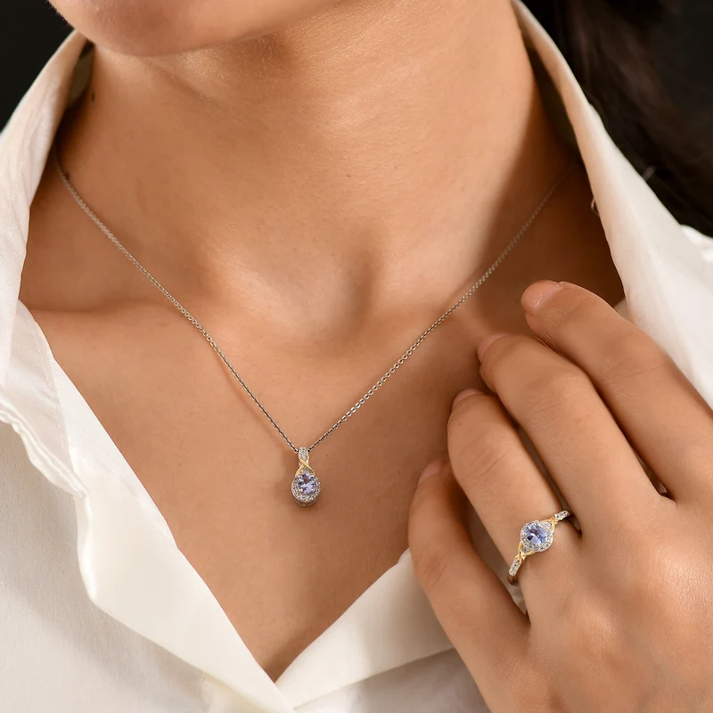 D'Joy Tansanit Schmuckset 925 Silber platiniert und vergoldet (Größe 19) ca. 1,13 ct.