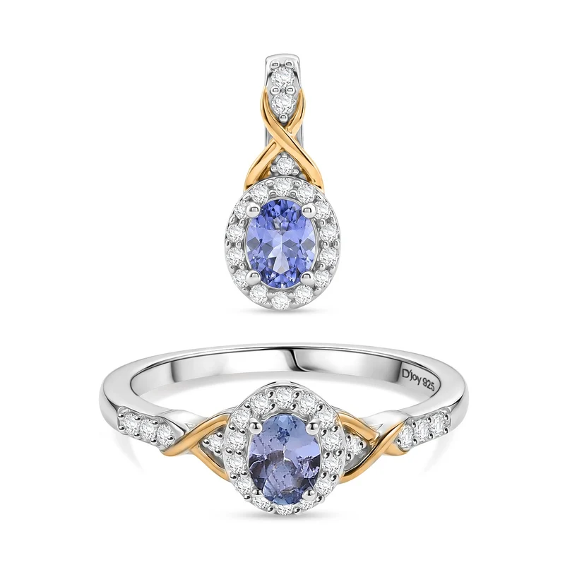 D'Joy Tansanit Schmuckset 925 Silber platiniert und vergoldet (Größe 19) ca. 1,13 ct.