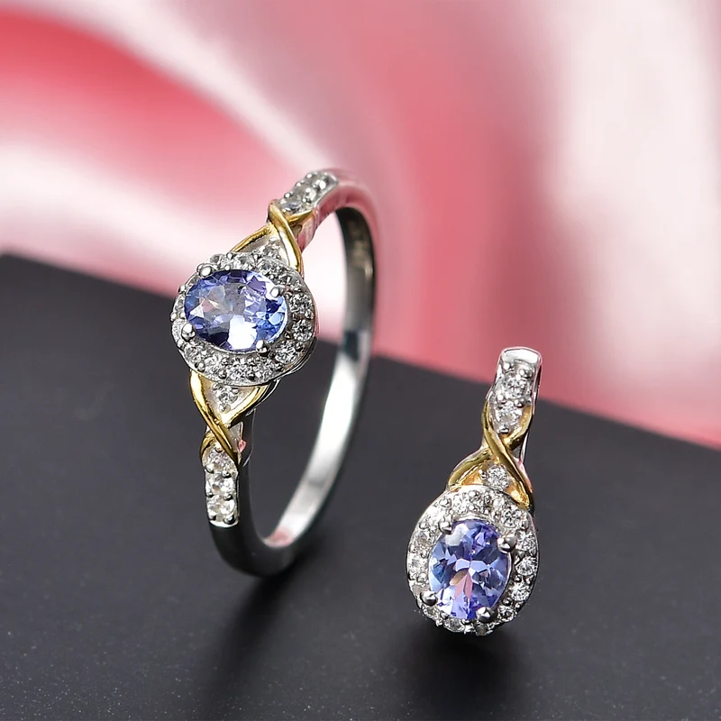 D'Joy Tansanit Schmuckset 925 Silber platiniert und vergoldet (Größe 19) ca. 1,13 ct.