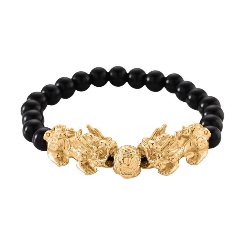 2er Set - Schwarzer Obsidian Halskette und Armband, Legierung gelb vergoldet ca. 430.00 ct