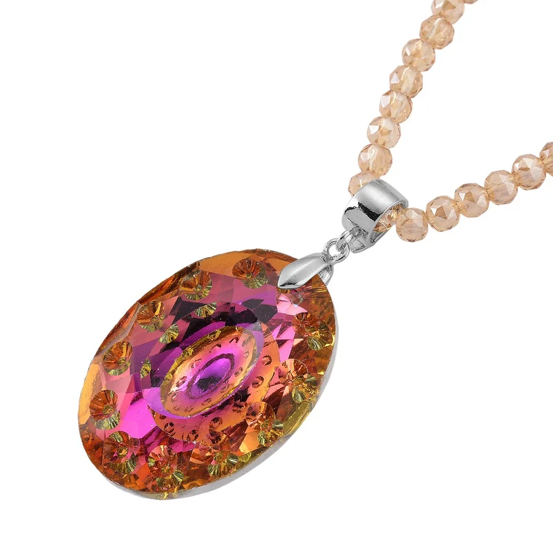 Oranger magischer Farb-Kristall und champagnerfarbener AB-Kristall Anhänger mit 60+5cm Kette, Legierung