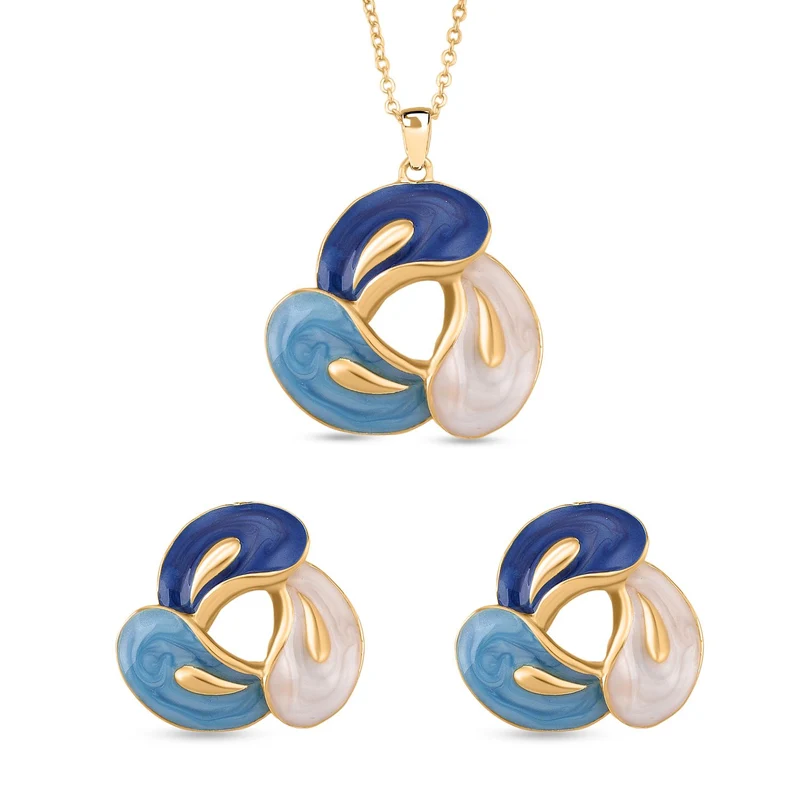 2er-Set Emaille-Anhänger mit Kette und Ohrsteckern, abstraktes Design, Grün