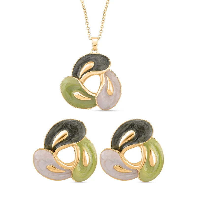 2er-Set Emaille-Anhänger mit Kette und Ohrsteckern, abstraktes Design, Grün