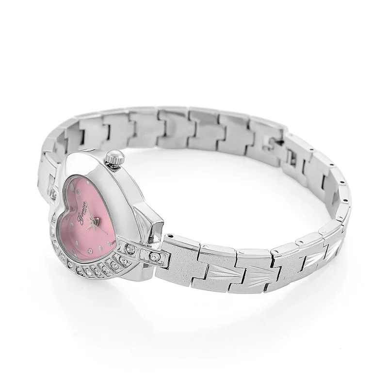 GENOA TIME - Herz-Armbanduhr Legierung, nickelfreies Messing, roséfarben, mit weißen Kristallen, Zifferblatt Rosa-Sunshine, 3 ATM wasserdicht