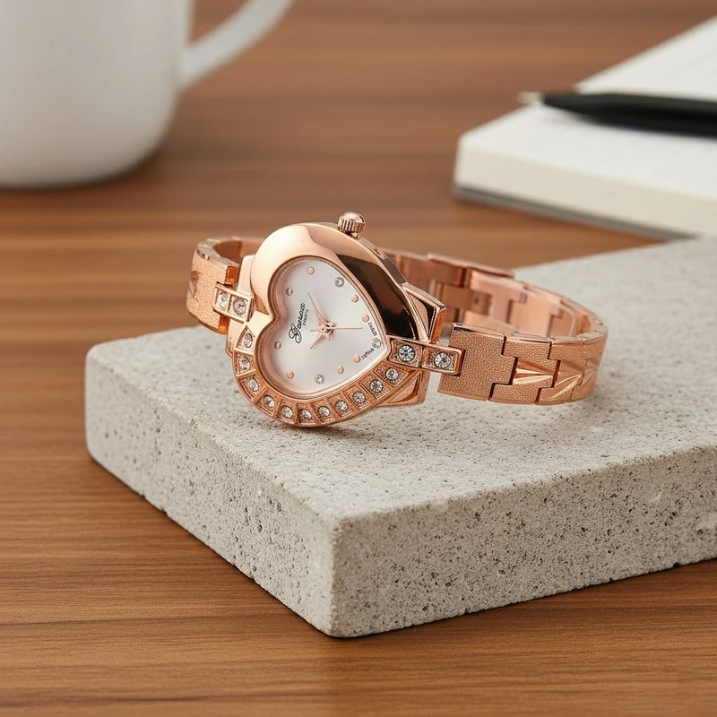 GENOA TIME - Herz-Armbanduhr Legierung, nickelfreies Messing, roséfarben, mit weißen Kristallen, Zifferblatt Rosa-Sunshine, 3 ATM wasserdicht