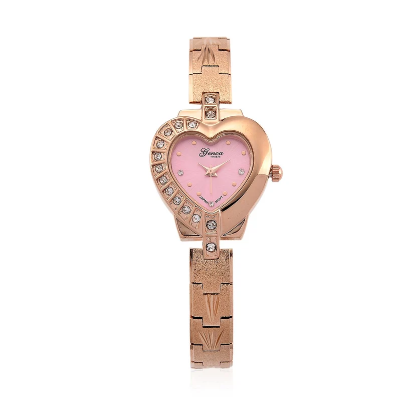 GENOA TIME - Herz-Armbanduhr Legierung, nickelfreies Messing, roséfarben, mit weißen Kristallen, Zifferblatt Rosa-Sunshine, 3 ATM wasserdicht