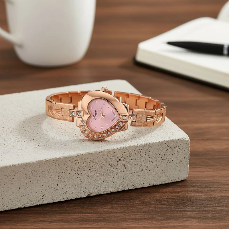 GENOA TIME - Herz-Armbanduhr Legierung, nickelfreies Messing, roséfarben, mit weißen Kristallen, Zifferblatt Rosa-Sunshine, 3 ATM wasserdicht