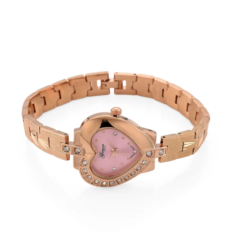 GENOA TIME - Herz-Armbanduhr Legierung, nickelfreies Messing, roséfarben, mit weißen Kristallen, Zifferblatt Rosa-Sunshine, 3 ATM wasserdicht