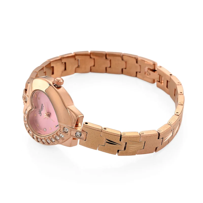 GENOA TIME - Herz-Armbanduhr Legierung, nickelfreies Messing, roséfarben, mit weißen Kristallen, Zifferblatt Rosa-Sunshine, 3 ATM wasserdicht