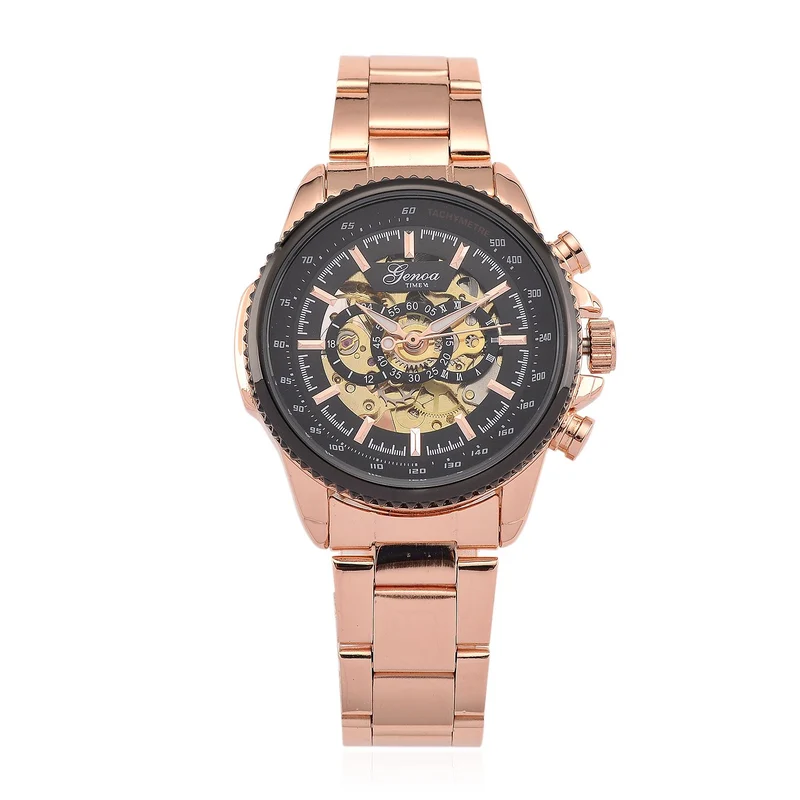 GENOA TIME - Bicolor-Armbanduhr, Reiner Edelstahl, schwarz-silberfarben, Automatik, 3 ATM wasserdicht