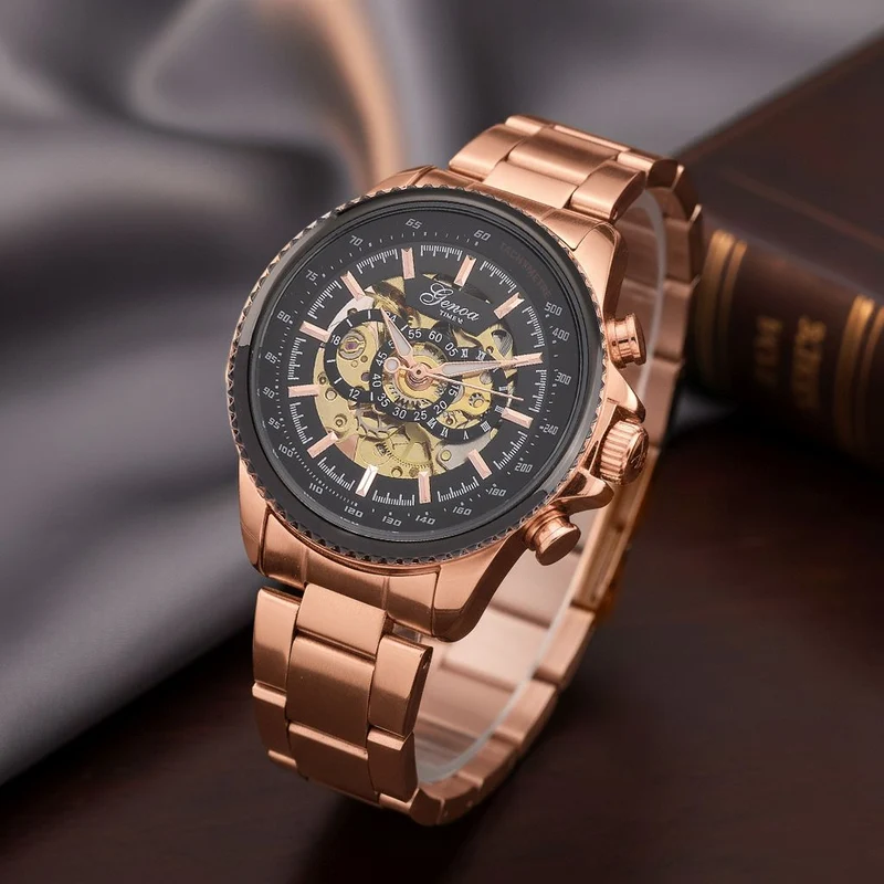 GENOA TIME - Bicolor-Armbanduhr, Reiner Edelstahl, schwarz-silberfarben, Automatik, 3 ATM wasserdicht