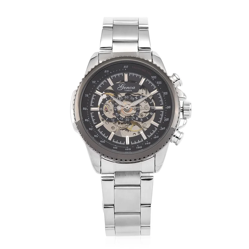GENOA TIME - Bicolor-Armbanduhr, Reiner Edelstahl, schwarz-silberfarben, Automatik, 3 ATM wasserdicht