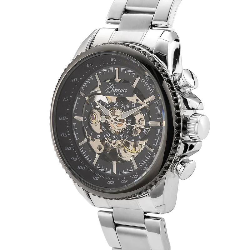 GENOA TIME - Bicolor-Armbanduhr, Reiner Edelstahl, schwarz-silberfarben, Automatik, 3 ATM wasserdicht