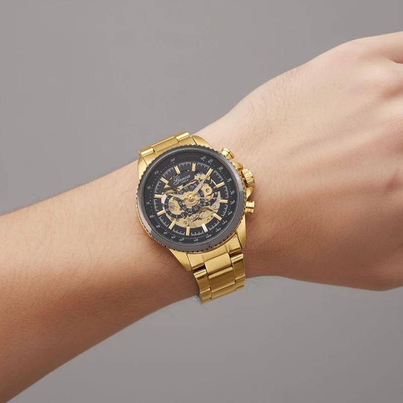 GENOA TIME - Bicolor-Armbanduhr, Reiner Edelstahl, schwarz-silberfarben, Automatik, 3 ATM wasserdicht