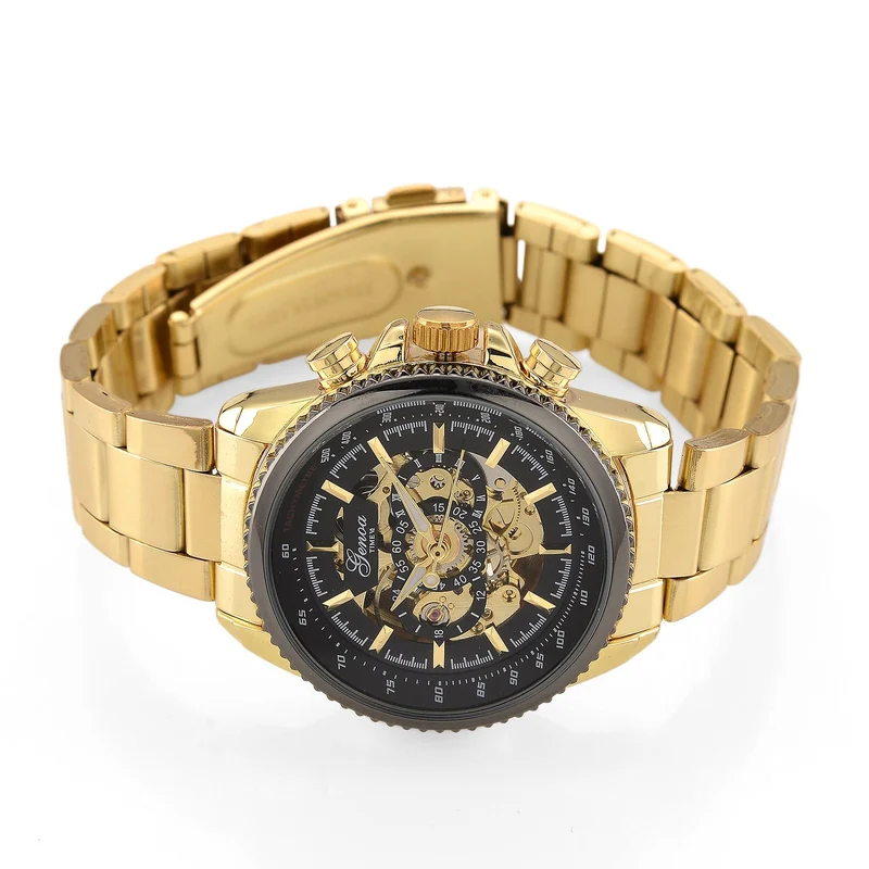 GENOA TIME - Bicolor-Armbanduhr, Reiner Edelstahl, schwarz-silberfarben, Automatik, 3 ATM wasserdicht