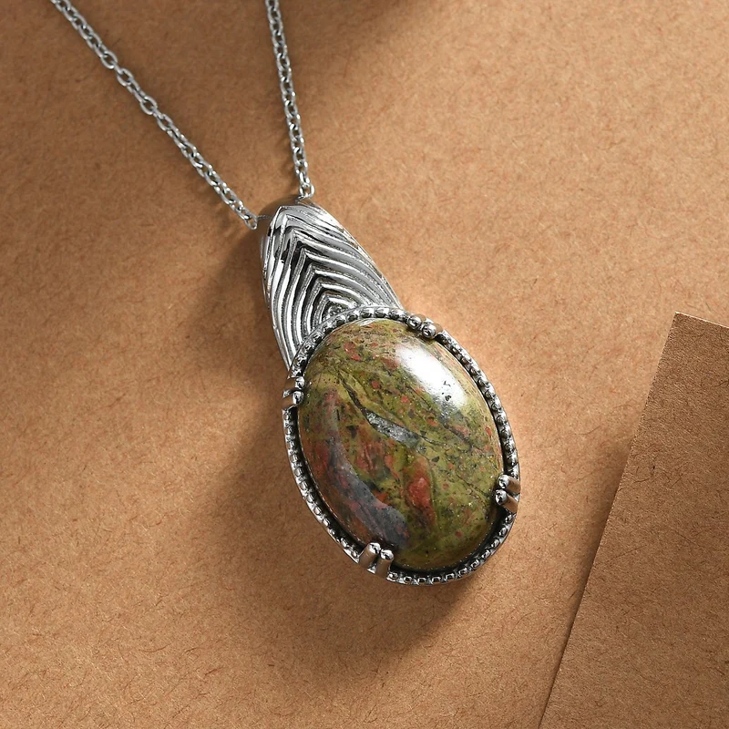 Unakite Anhänger mit Kette, 316L Edelstahl ca. 30.00 ct