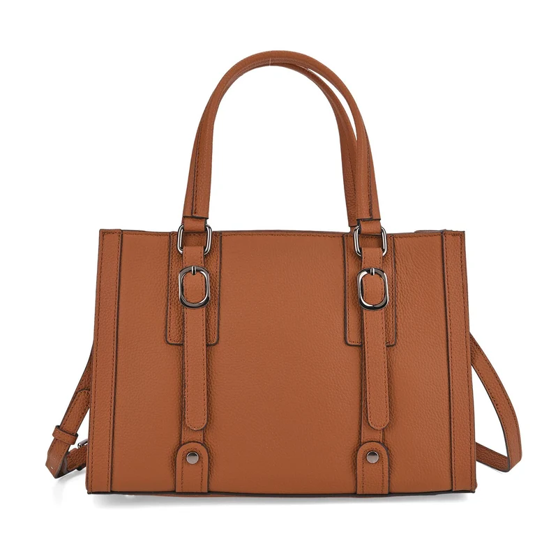 Crossbody-Tasche aus Echtleder mit Zierschnallen, 32x13x21 cm, Braun
