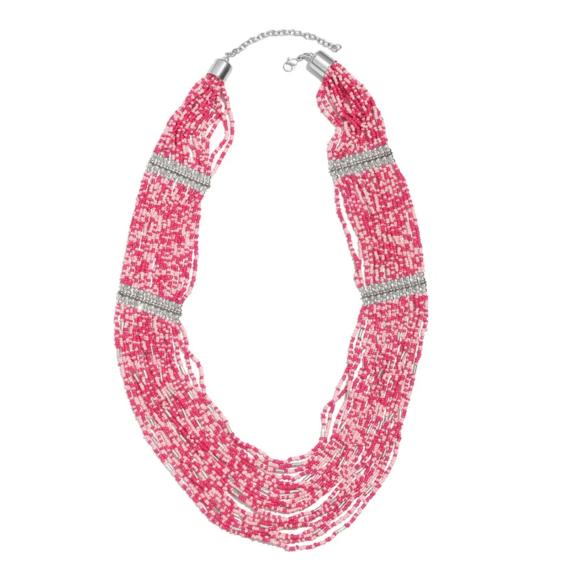 Trendige Saatperlen-Halskette in Rosa - Mehrlagiges, Gedrehtes Design mit Silberfarbenen Akzenten, 79 cm, blau